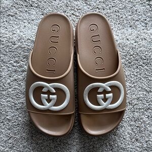 Gucci Brown Slides with White Emblem